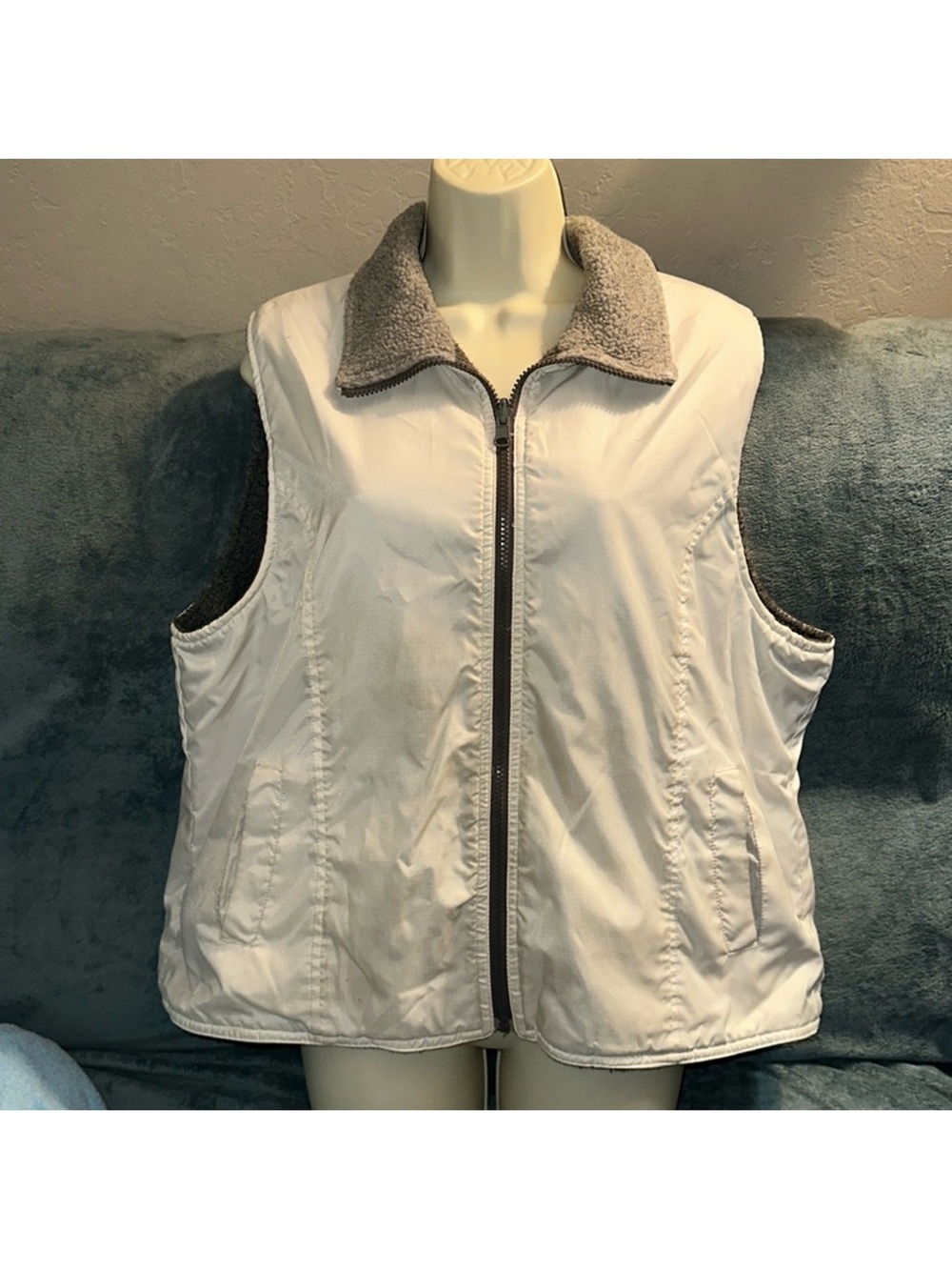 White and grey fleece Reversible Collared Vest with pockets